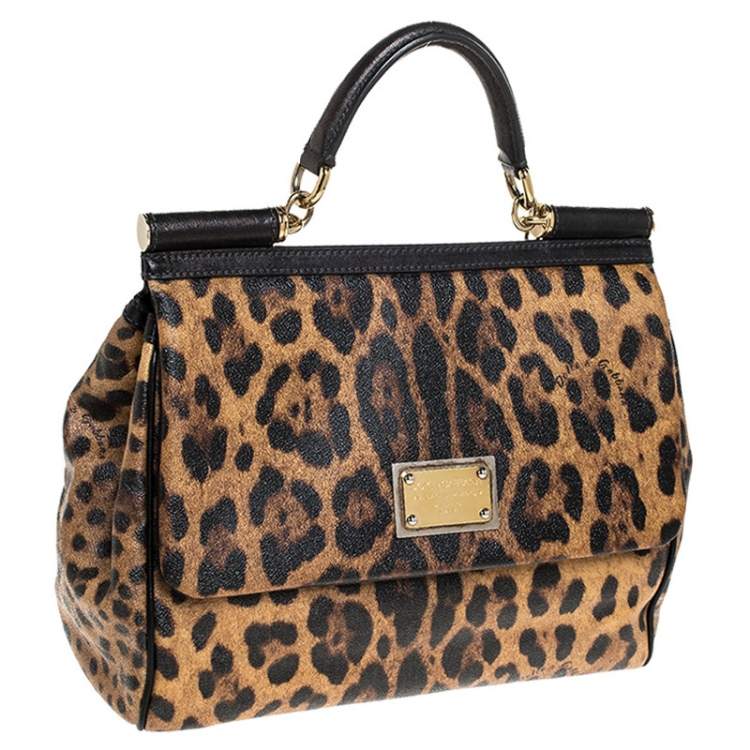 Pre Owned Dolce & Gabbana Brown Leopard Print Coated Canvas Large Miss Sicily Top Handle Bag