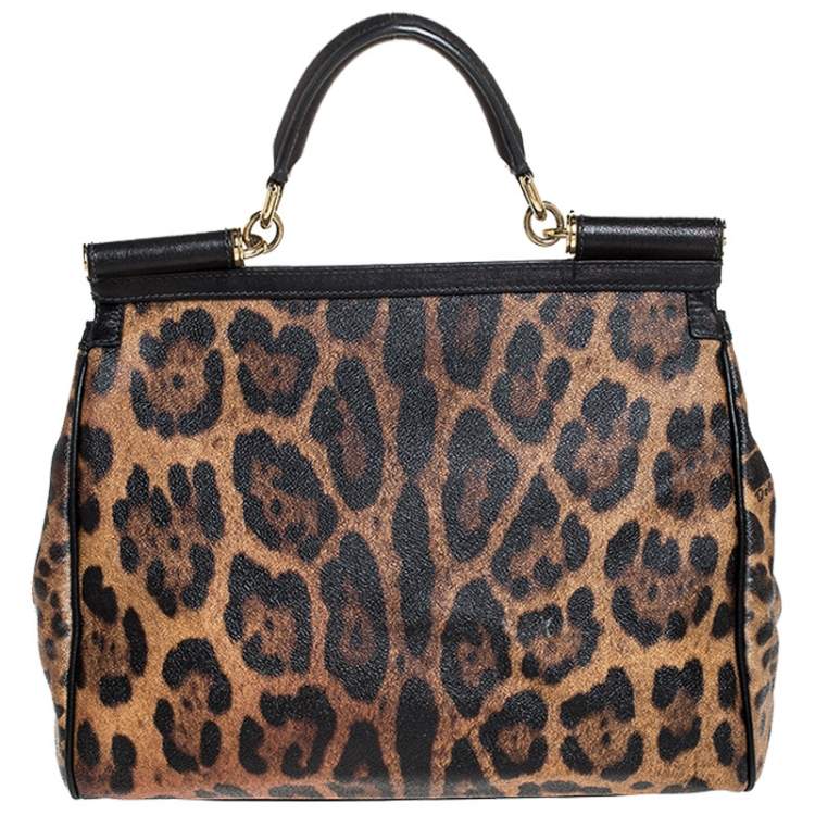 Pre Owned Dolce & Gabbana Brown Leopard Print Coated Canvas Large Miss Sicily Top Handle Bag