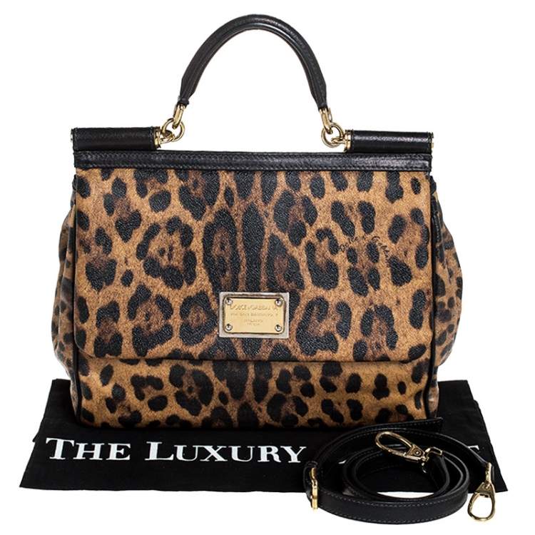 Pre Owned Dolce & Gabbana Brown Leopard Print Coated Canvas Large Miss Sicily Top Handle Bag