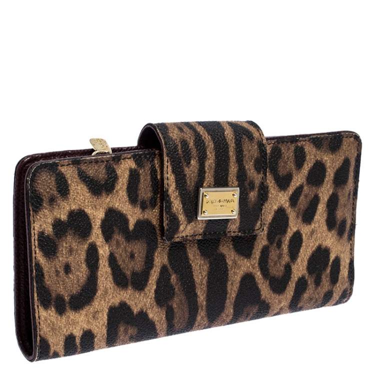 Pre Owned  Dolce and Gabbana Brown/Black Leopard Print Leather Continental Wallet