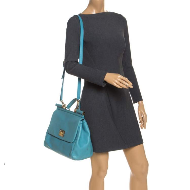 Pre Owned Dolce & Gabbana Aqua Blue Leather Large Miss Sicily Top Handle Bag