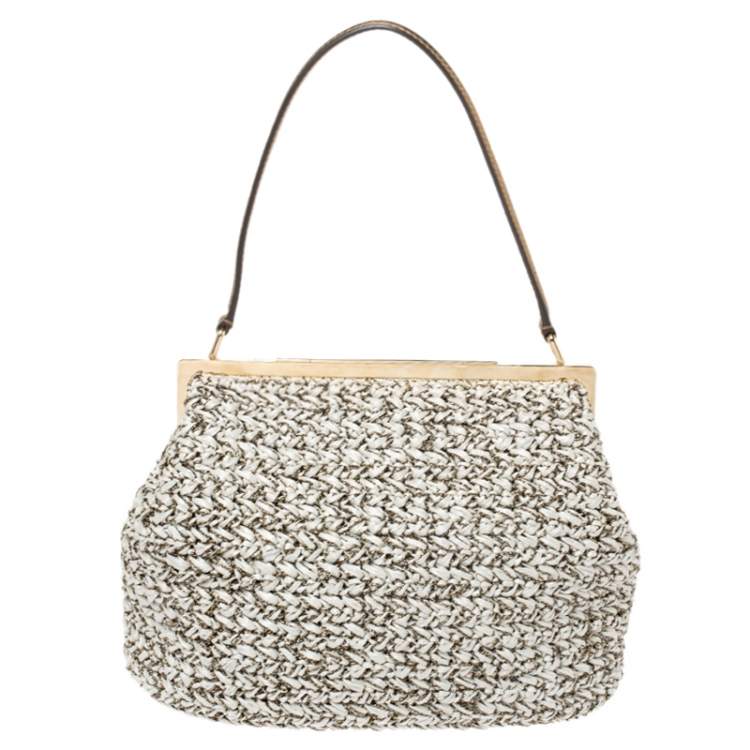 Pre Owned Dolce & Gabbana White/Dark Gold Raffia and Leather Sara Satchel