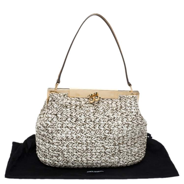 Pre Owned Dolce & Gabbana White/Dark Gold Raffia and Leather Sara Satchel
