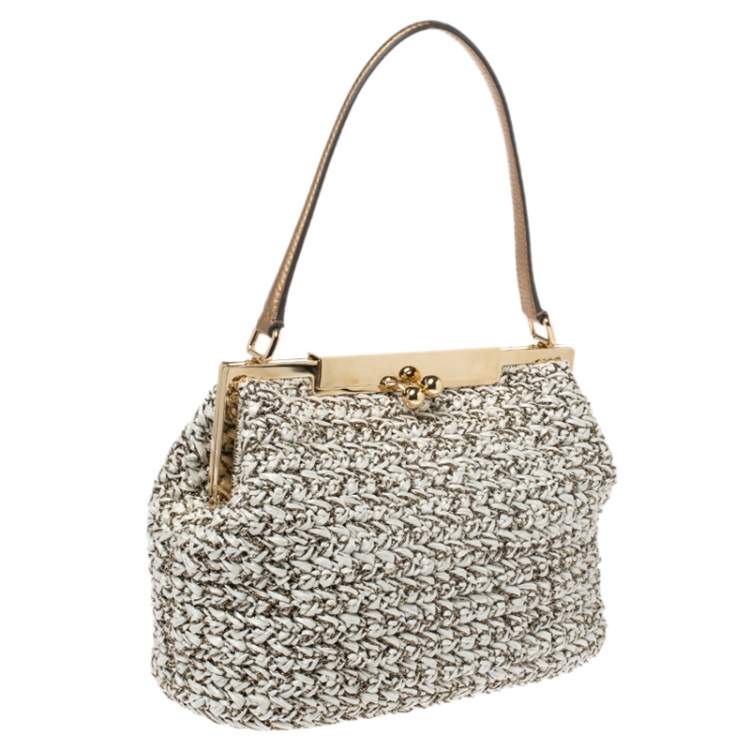 Pre Owned Dolce & Gabbana White/Dark Gold Raffia and Leather Sara Satchel