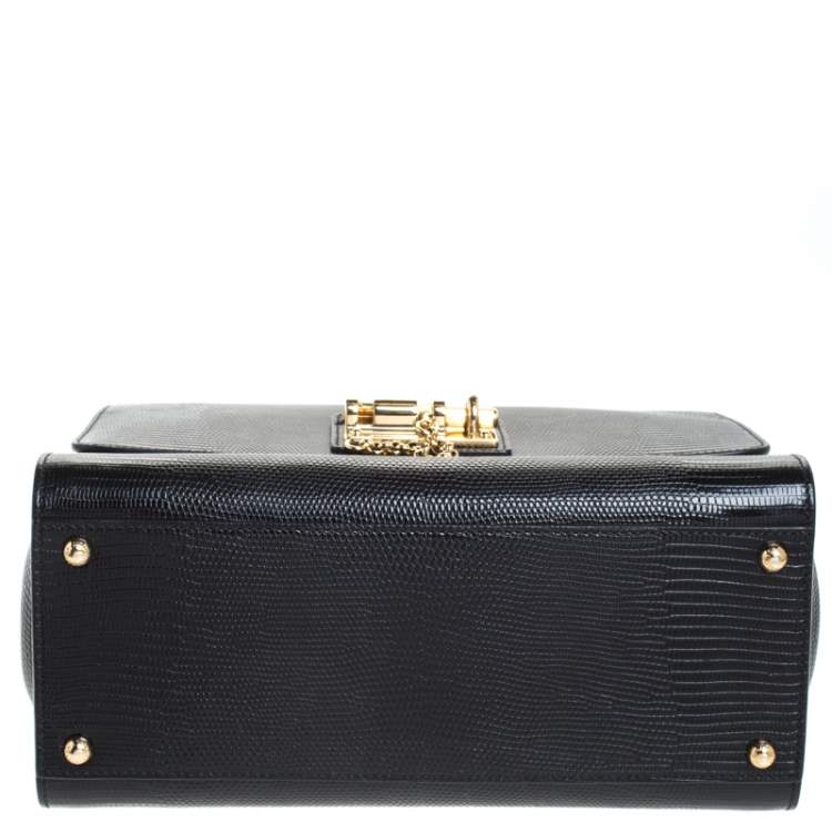 Pre Owned Dolce & Gabbana Black Lizard Embossed Leather Medium Miss Monica Top Handle Bag