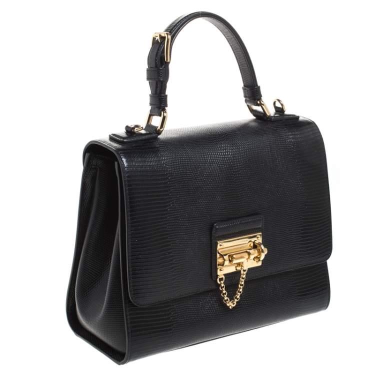 Pre Owned Dolce & Gabbana Black Lizard Embossed Leather Medium Miss Monica Top Handle Bag