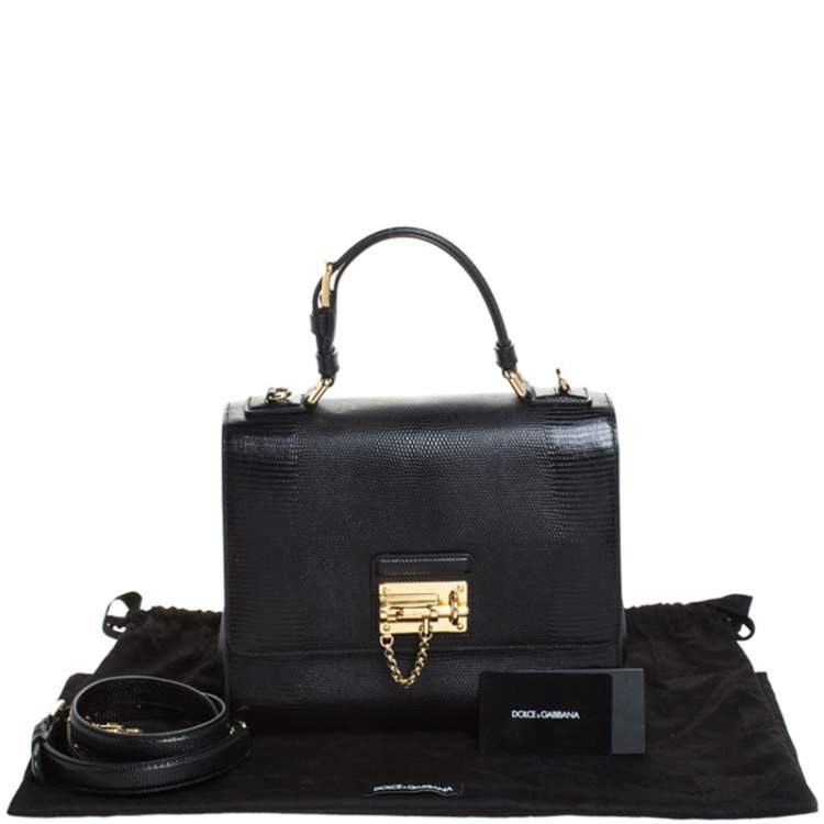 Pre Owned Dolce & Gabbana Black Lizard Embossed Leather Medium Miss Monica Top Handle Bag