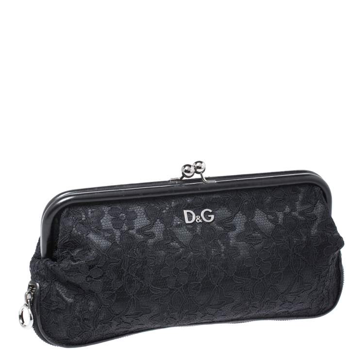 Pre Owned Dolce & Gabbana Black Lace Kiss Lock Clutch