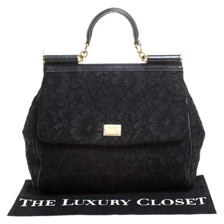 Pre Owned Dolce & Gabbana Black Lace Large Miss Sicily Top Handle Bag