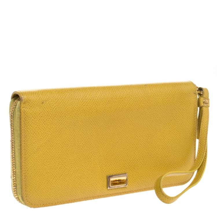 Pre Owned Dolce & Gabbana Paglia Yellow Leather Strappy Zip Around Wallet