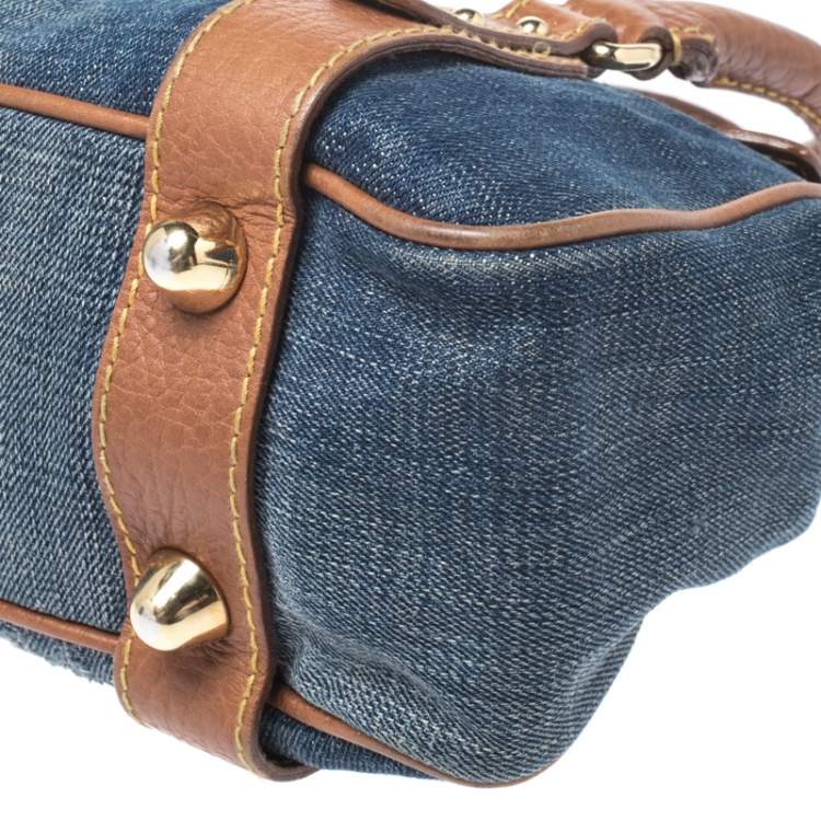 Pre Owned Dolce & Gabbana Blue/Brown Denim and Leather Flap D- Ring Satchel