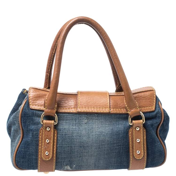 Pre Owned Dolce & Gabbana Blue/Brown Denim and Leather Flap D- Ring Satchel