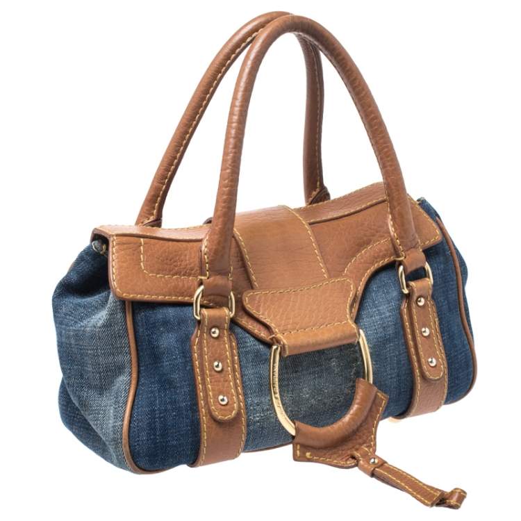 Pre Owned Dolce & Gabbana Blue/Brown Denim and Leather Flap D- Ring Satchel