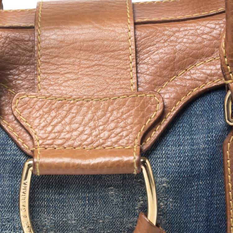 Pre Owned Dolce & Gabbana Blue/Brown Denim and Leather Flap D- Ring Satchel