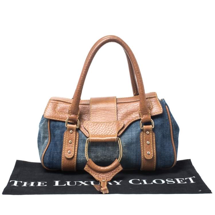 Pre Owned Dolce & Gabbana Blue/Brown Denim and Leather Flap D- Ring Satchel