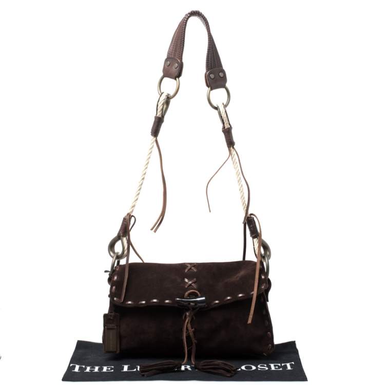 Pre Owned Dolce & Gabbana Dark Brown Suede Flap Shoulder Bag