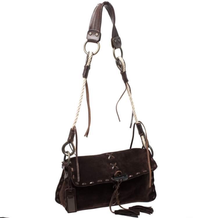Pre Owned Dolce & Gabbana Dark Brown Suede Flap Shoulder Bag