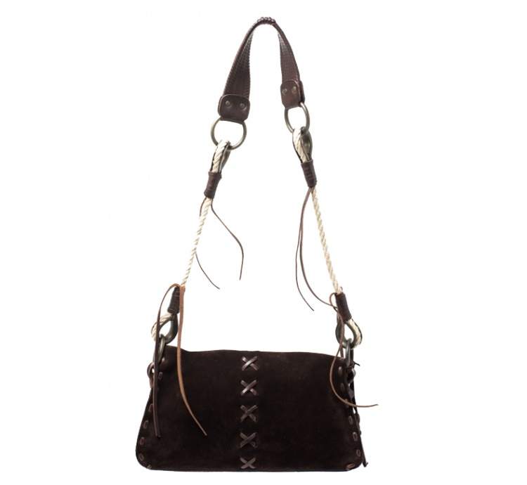 Pre Owned Dolce & Gabbana Dark Brown Suede Flap Shoulder Bag