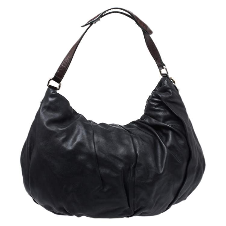 مملوكة مسبقًا Dolce & Gabbana  Black Leather and Patent Leather Pleated Hobo