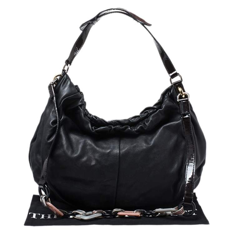 مملوكة مسبقًا Dolce & Gabbana  Black Leather and Patent Leather Pleated Hobo