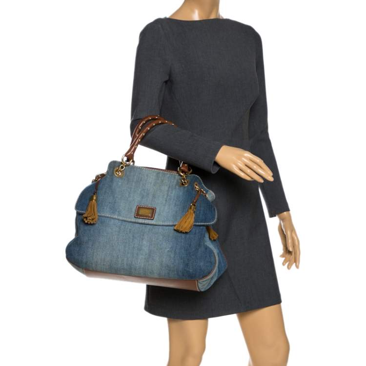 Pre Owned Dolce & Gabbana Blue Denim and Leather Studded Handle Chain Tote 