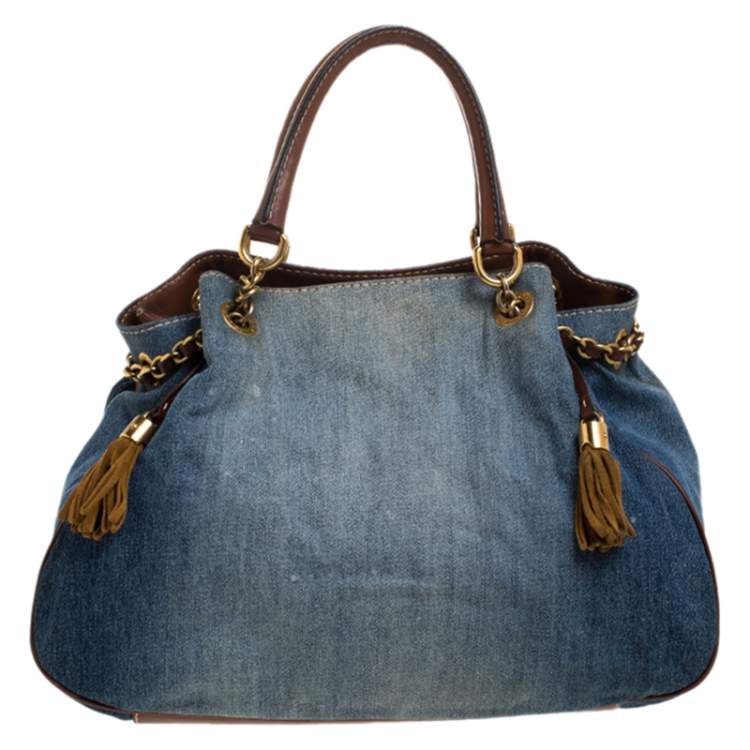 Pre Owned Dolce & Gabbana Blue Denim and Leather Studded Handle Chain Tote 