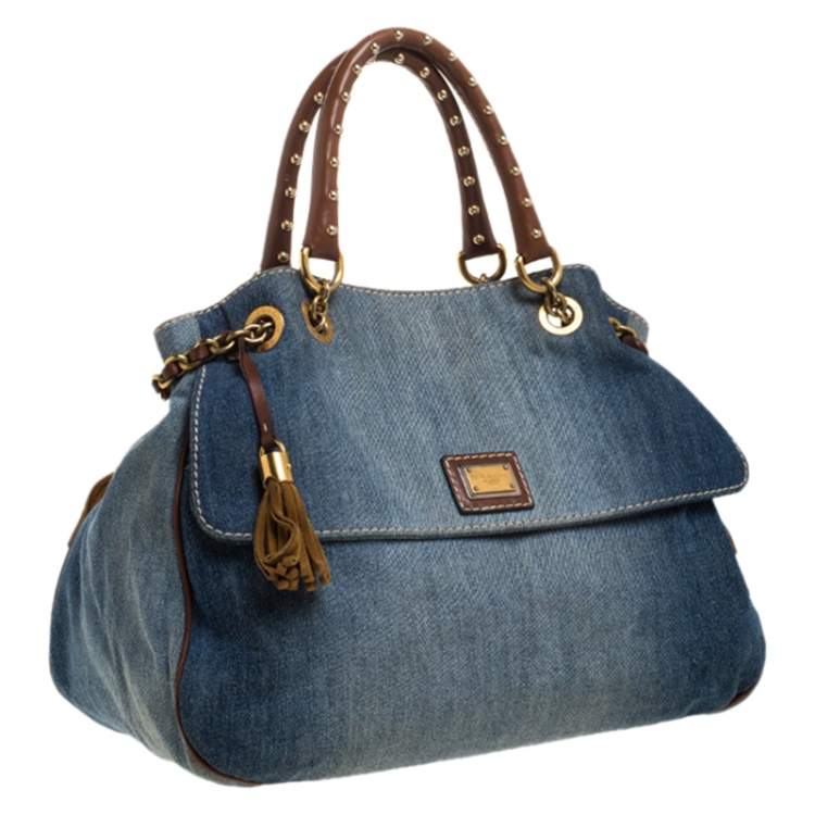 Pre Owned Dolce & Gabbana Blue Denim and Leather Studded Handle Chain Tote 