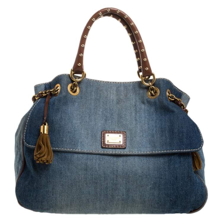 Pre Owned Dolce & Gabbana Blue Denim and Leather Studded Handle Chain Tote 