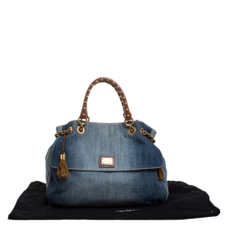 Pre Owned Dolce & Gabbana Blue Denim and Leather Studded Handle Chain Tote 