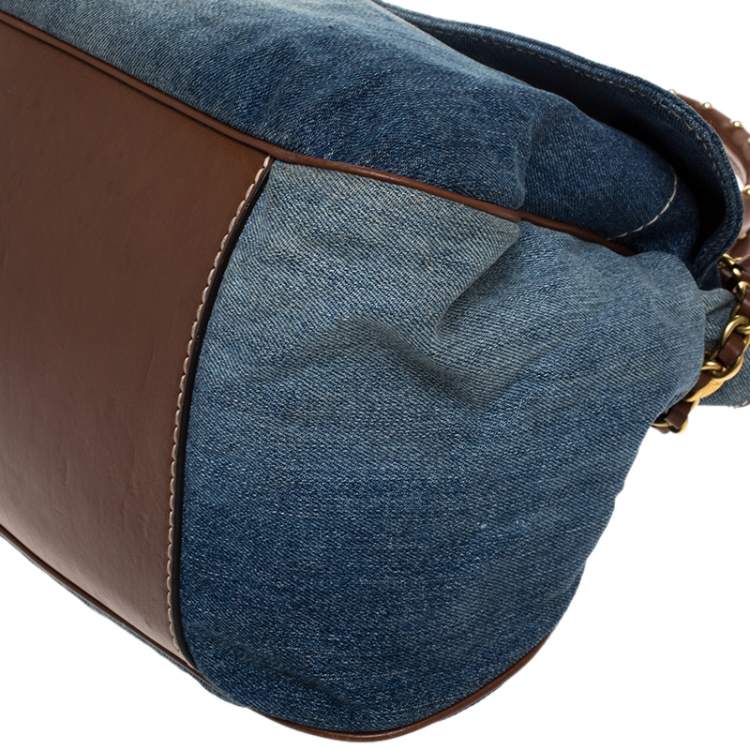 Pre Owned Dolce & Gabbana Blue Denim and Leather Studded Handle Chain Tote 