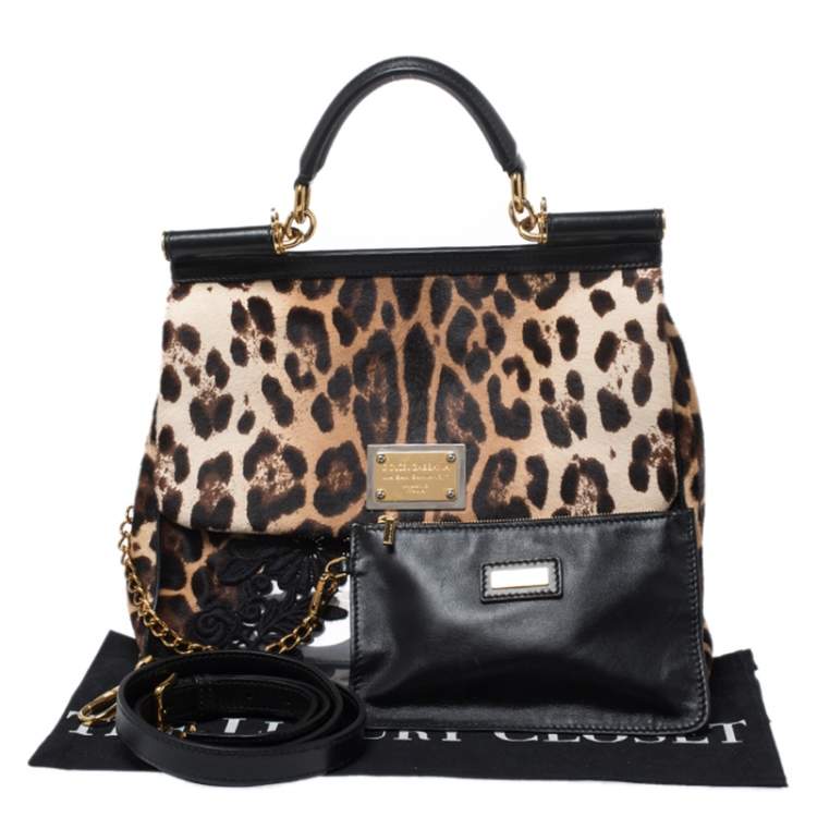 Pre Owned Dolce & Gabbana Black/Brown Leopard Print Calfhair and Lace Transparent Large Miss Sicily Top Handle bag with Pouch