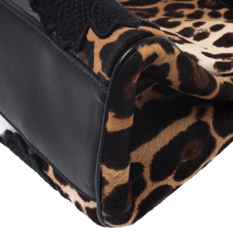 Pre Owned Dolce & Gabbana Black/Brown Leopard Print Calfhair and Lace Transparent Large Miss Sicily Top Handle bag with Pouch