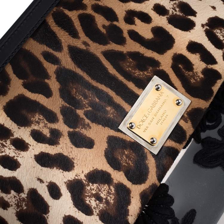 Pre Owned Dolce & Gabbana Black/Brown Leopard Print Calfhair and Lace Transparent Large Miss Sicily Top Handle bag with Pouch