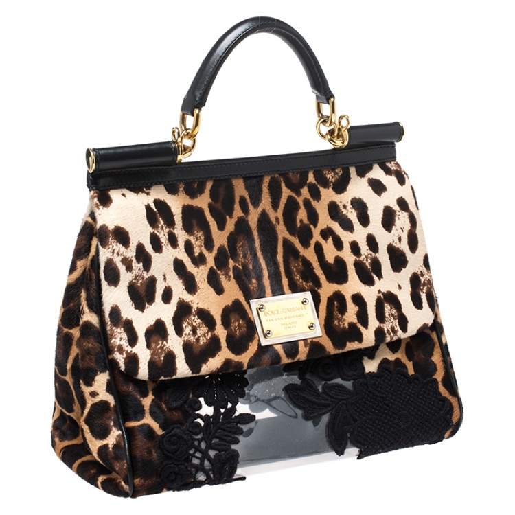 Pre Owned Dolce & Gabbana Black/Brown Leopard Print Calfhair and Lace Transparent Large Miss Sicily Top Handle bag with Pouch