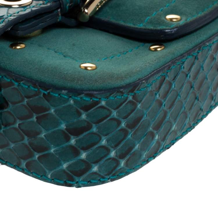 Pre Owned Dolce & Gabbana Green Suede and Python Buckle Chain Shoulder Bag
