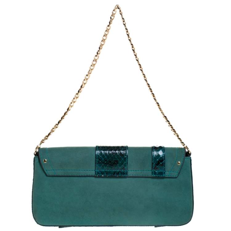 Pre Owned Dolce & Gabbana Green Suede and Python Buckle Chain Shoulder Bag