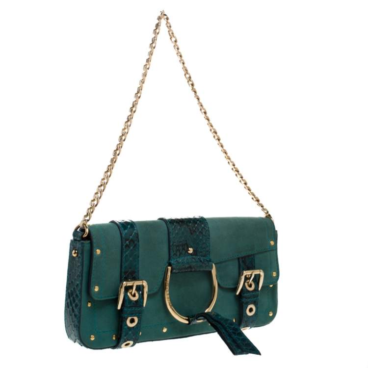 Pre Owned Dolce & Gabbana Green Suede and Python Buckle Chain Shoulder Bag