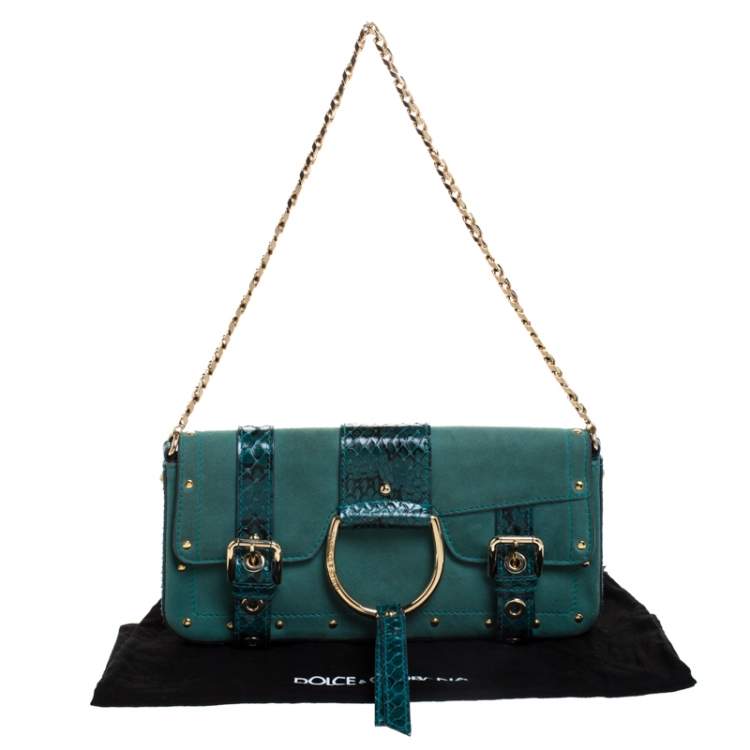 Pre Owned Dolce & Gabbana Green Suede and Python Buckle Chain Shoulder Bag