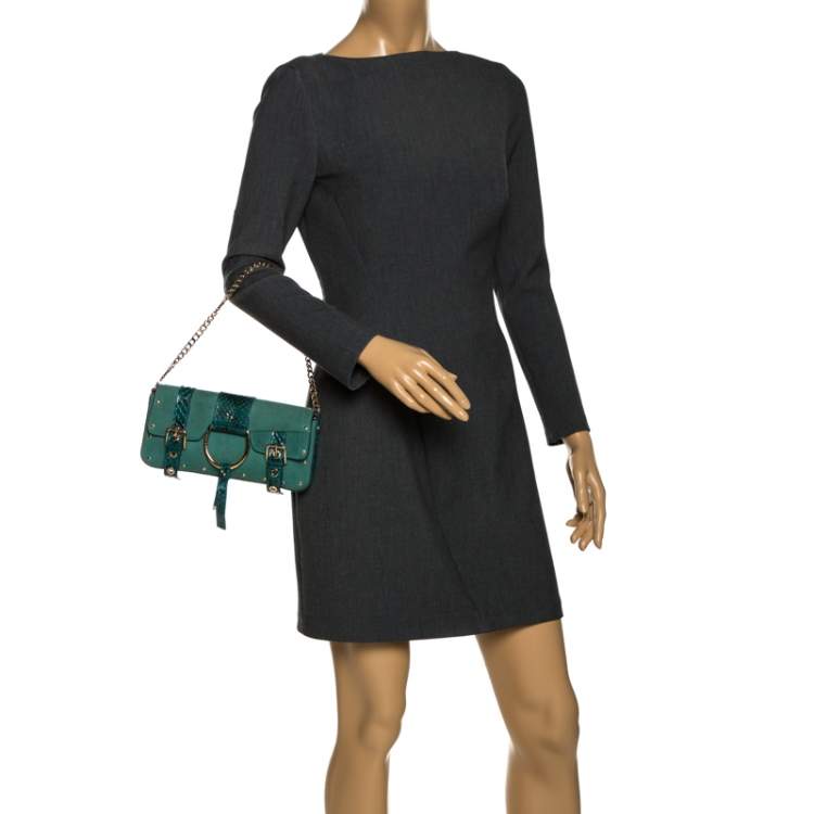 Pre Owned Dolce & Gabbana Green Suede and Python Buckle Chain Shoulder Bag