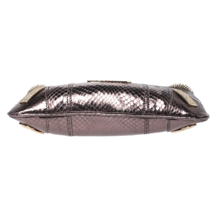 Pre Owned Dolce & Gabbana Metallic Brown Snakeskin Effect Leather Crystal Chain Pochette
