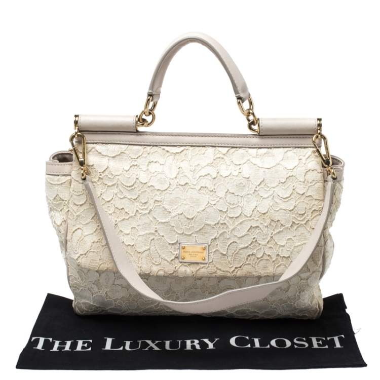 Pre Owned Dolce & Gabbana Off White Lace Miss Sicily Top Handle Bag