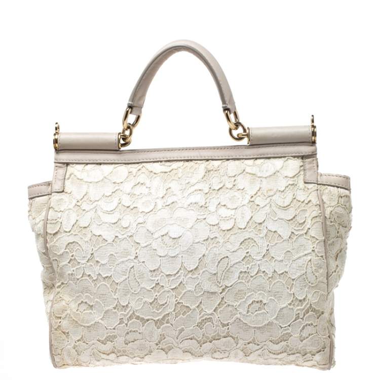 Pre Owned Dolce & Gabbana Off White Lace Miss Sicily Top Handle Bag