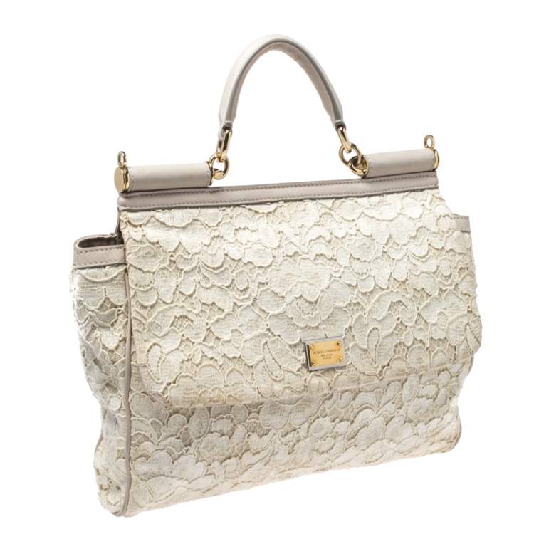 Pre Owned Dolce & Gabbana Off White Lace Miss Sicily Top Handle Bag