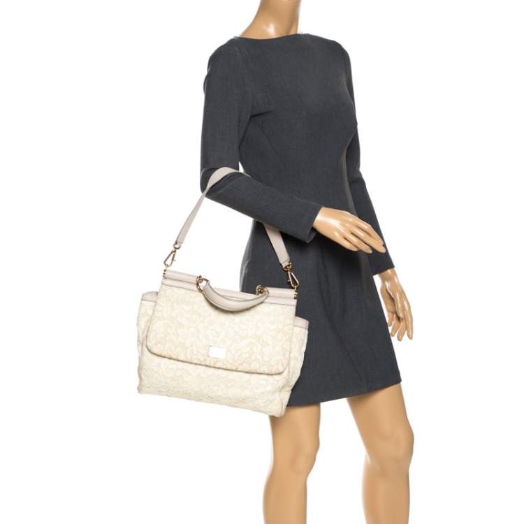 Pre Owned Dolce & Gabbana Off White Lace Miss Sicily Top Handle Bag