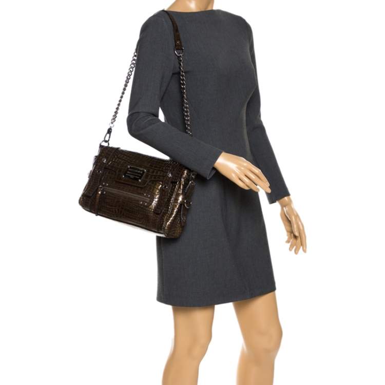 Pre Owned Dolce & Gabbana Brown Croc Embossed Patent Leather Miss Easy Way Shoulder Bag