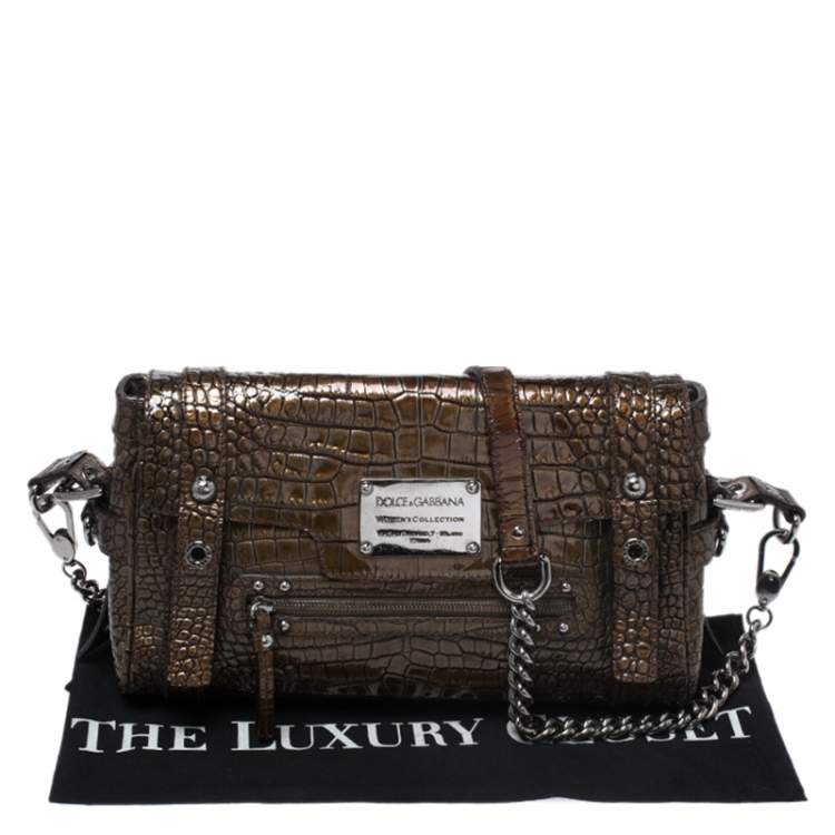 Pre Owned Dolce & Gabbana Brown Croc Embossed Patent Leather Miss Easy Way Shoulder Bag