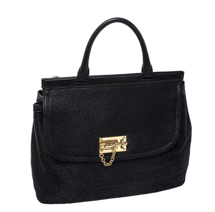 Pre Owned Dolce & Gabbana Black Woven Straw and Leather Miss Sicily Top Handle Bag