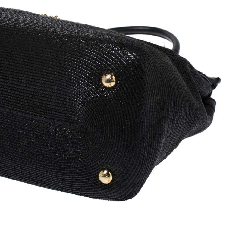 Pre Owned Dolce & Gabbana Black Woven Straw and Leather Miss Sicily Top Handle Bag