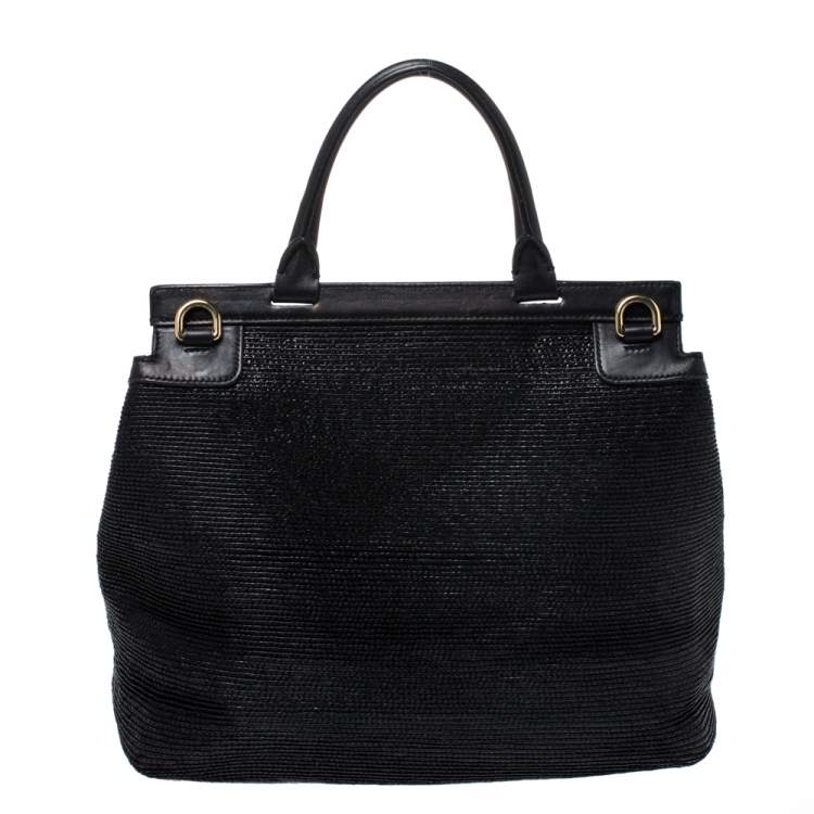 Pre Owned Dolce & Gabbana Black Woven Straw and Leather Miss Sicily Top Handle Bag