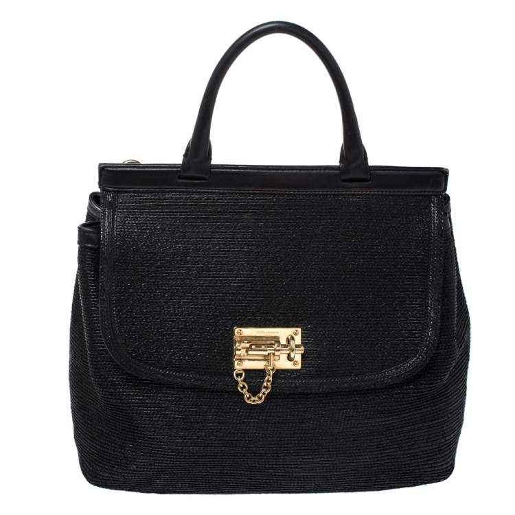 Pre Owned Dolce & Gabbana Black Woven Straw and Leather Miss Sicily Top Handle Bag
